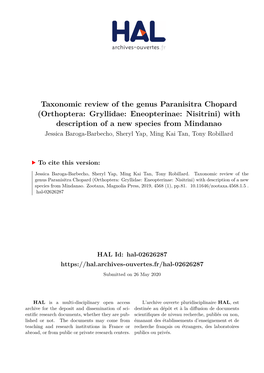 Taxonomic Review of the Genus Paranisitra Chopard (Orthoptera: Gryllidae: Eneopterinae: Nisitrini) with Description of a New