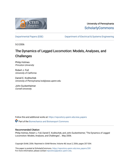 The Dynamics of Legged Locomotion: Models, Analyses, and Challenges