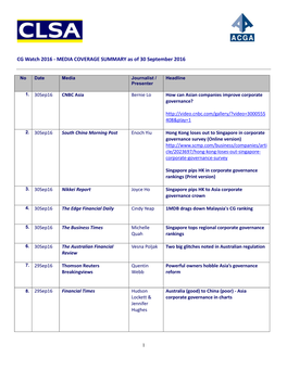 CG Watch 2016 - MEDIA COVERAGE SUMMARY As of 30 September 2016