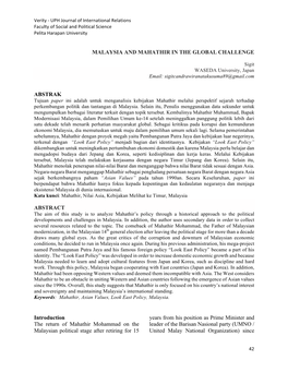 MALAYSIA and MAHATHIR in the GLOBAL CHALLENGE ABSTRAK ABSTRACT Introduction the Return of Mahathir Mohammad on the Malaysian