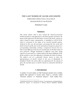 The Last Words of Jacob and Joseph a Rhetorico-Structural Analysis of Genesis 49:29-33 and 50:24-26