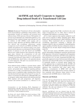 Ad-FRNK and Ad-P53 Cooperate to Augment Drug-Induced Death of a Transformed Cell Line