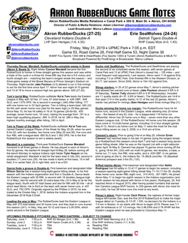 AKRON RUBBERDUCKS GAME NOTES Akron Rubberducks Media Relations ● Canal Park ● 300 S