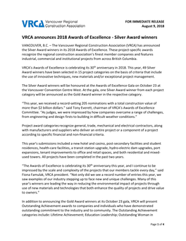 VRCA Announces 2018 Awards of Excellence - Silver Award Winners