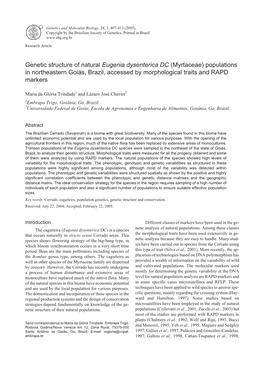 Genetic Structure of Natural Eugenia Dysenterica DC (Myrtaceae) Populations in Northeastern Goiás, Brazil, Accessed by Morphological Traits and RAPD Markers