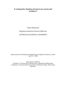 Is Reintegrative Shaming Relevant to Tax Evasion and Avoidance?