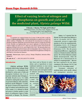 Effect of Varying Levels of Nitrogen and Phosphorus on Growth and Yield of the Medicinal Plant, Alpinia Galanga Willd