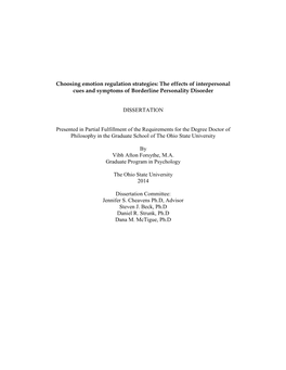 Choosing Emotion Regulation Strategies: the Effects of Interpersonal Cues and Symptoms of Borderline Personality Disorder DISSER