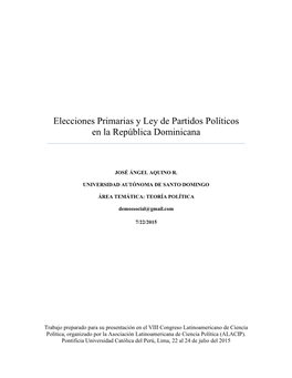 Elecciones Primarias Y Ley De Partidos Políticos En La República Dominicana