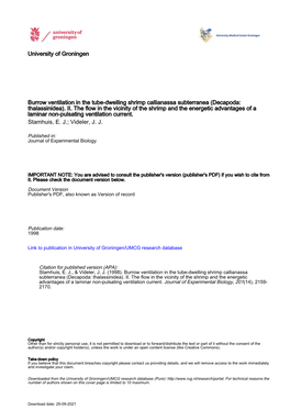 University of Groningen Burrow Ventilation in the Tube-Dwelling Shrimp Callianassa Subterranea (Decapoda: Thalassinidea). II. Th