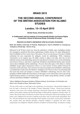 BRAIS 2015 the SECOND ANNUAL CONFERENCE of the BRITISH ASSOCIATION for ISLAMIC STUDIES London, 13–15 April 2015