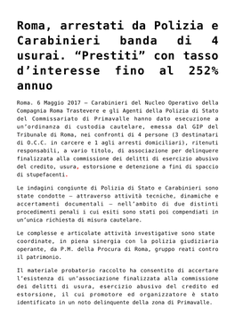 Roma, Arrestati Da Polizia E Carabinieri Banda Di 4 Usurai