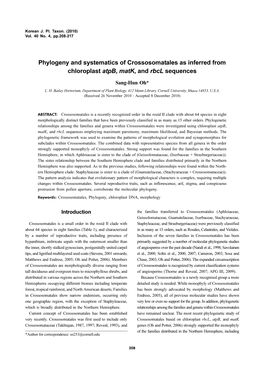 Phylogeny and Systematics of Crossosomatales As Inferred from Chloroplast Atpb, Matk, and Rbcl Sequences