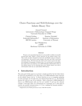 Choice Functions and Well-Orderings Over the Infinite Binary Tree