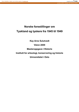 Norske Forestillinger Om Tyskland Og Tyskere Fra 1945 Til 1949