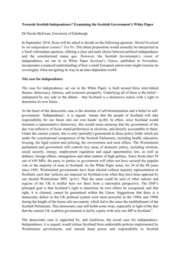 Towards Scottish Independence? Examining the Scottish Government's White Paper Dr Nicola Mcewen, University of Edinburgh in Se