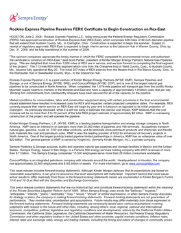 Rockies Express Pipeline Receives FERC Certificate to Begin Construction on Rex-East