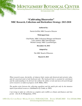 “Cultivating Discoveries” MBC Research, Collections and Horticulture Strategy: 2013-2018