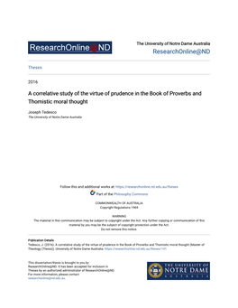 A Correlative Study of the Virtue of Prudence in the Book of Proverbs and Thomistic Moral Thought