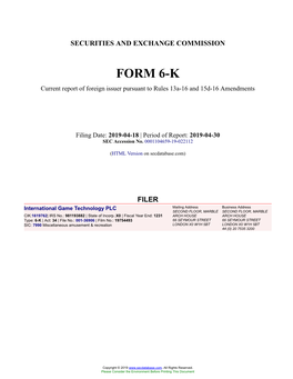 International Game Technology PLC Form 6-K Current Event Report