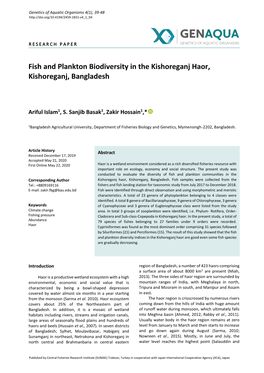 Fish and Plankton Biodiversity in the Kishoreganj Haor, Kishoreganj, Bangladesh