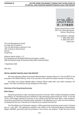 Appendix Ix Letter from the Market Consultant in Relation to Its Retail and Carpark Markets Macro Analysis Report