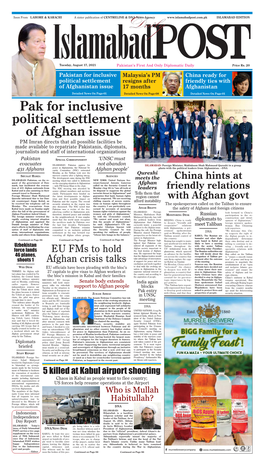 Pak for Inclusive Political Settlement of Afghan Issue