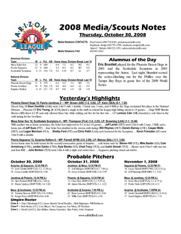 2008 Media/Scouts Notes Thursday, October 30, 2008