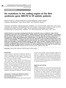 No Mutations in the Coding Region of the Rett Syndrome Gene MECP2 in 59 Autistic Patients