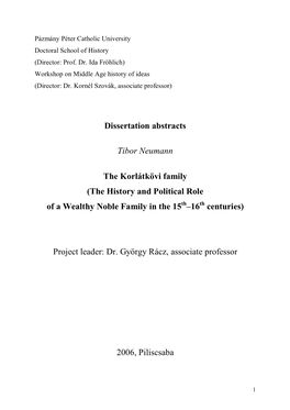 Dissertation Abstracts Tibor Neumann the Korlátkövi Family (The History