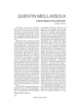 QUENTIN MEILLASSOUX a NEW FRENCH PHILOSOPHER Graham Harman