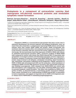 Podoplanin Is a Component of Extracellular Vesicles That Reprograms Cell-Derived Exosomal Proteins and Modulates Lymphatic Vessel Formation