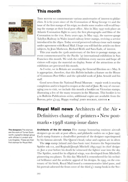 Architects of the Air • Definitives Change of Printers • New Post­ Marks *1998 Stamp Issue Dates