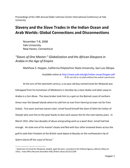 Slavery and the Slave Trades in the Indian Ocean and Arab Worlds: Global Connections and Disconnections