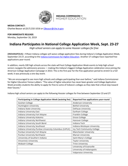 Indiana Participates in National College Application Week, Sept. 23-27 High School Seniors Can Apply to Some Hoosier Colleges for Free