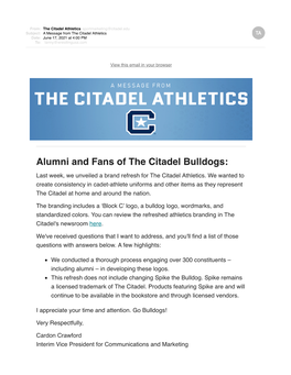 A Message from the Citadel Athletics Date: June 17, 2021 at 4:00 PM To: Lanny@Wrestlingusa.Com