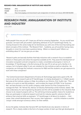 Research Park: Amalgamation of Institute and Industry