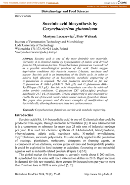 Succinic Acid Biosynthesis by Corynebacterium Glutamicum