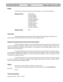 COUNCIL MINUTES Page 1 Windsor, Ontario, May 3, 2010