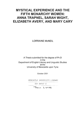 Mystical Experience and the Fifth Monarchy Women: Anna Trapnel, Sarah Wight, Elizabeth Avery, and Mary Cary