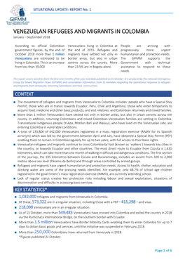 VENEZUELAN REFUGEES and MIGRANTS in COLOMBIA January – September 2018