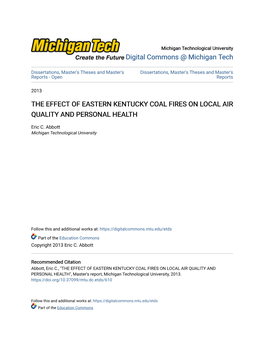 The Effect of Eastern Kentucky Coal Fires on Local Air Quality and Personal Health