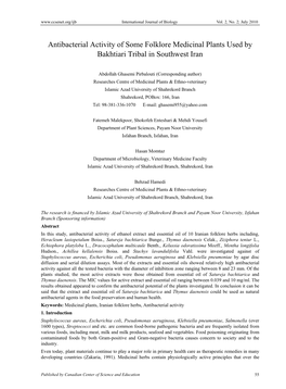 Antibacterial Activity of Some Folklore Medicinal Plants Used by Bakhtiari Tribal in Southwest Iran