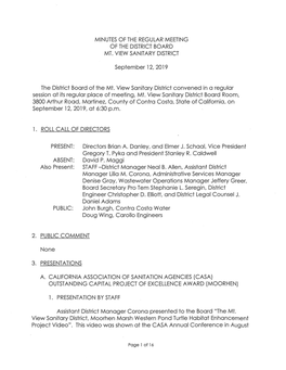 MINUTES of the REGULAR MEETING of the DISTRICT BOARD MT. VIEW SANITARY DISTRICT September 12, 2019 the District Board of The