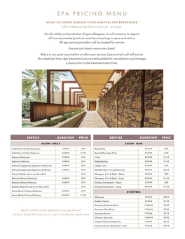 Spa Pricing Menu