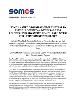 'Somos' Named Organization of the Year by the 2019 Dominican Day Parade for Leadership in Advancing Health Care Access Fo