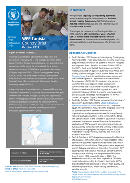 WFP Tunisia Country Brief October 2019 Donors Italian Agency for Development Cooperation (AICS)