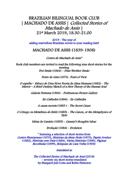 MACHADO DE ASSIS | Collected Stories of Machado De Assis | 21St March 2019, 18.30-21.00