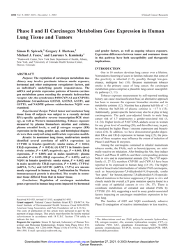 Phase I and II Carcinogen Metabolism Gene Expression in Human Lung Tissue and Tumors