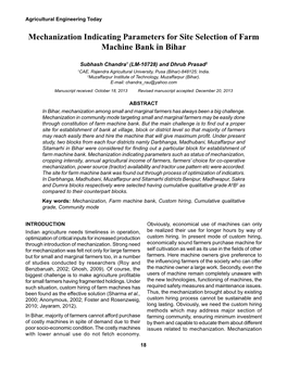 Mechanization Indicating Parameters for Site Selection of Farm Machine Bank in Bihar